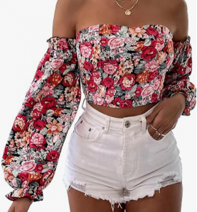 NH Off Shoulder Lantern Sleeve Crop Top - Red