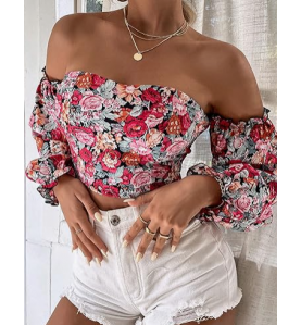 NH Off Shoulder Lantern Sleeve Crop Top - Red
