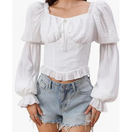 Renaissance Peasant Corset Tops Puff Long Sleeve - White