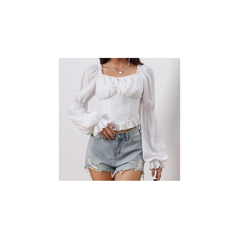 Renaissance Peasant Corset Tops Puff Long Sleeve - White Renaissance Peasant Corset Tops Puff Long Sleeve - White