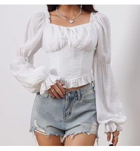 Renaissance Peasant Corset Tops Puff Long Sleeve - White