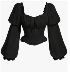 Renaissance Peasant Corset Tops Puff Long Sleeve - Black