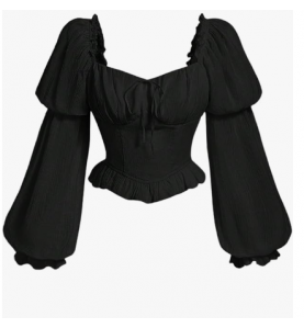 Renaissance Peasant Corset Tops Puff Long Sleeve - Black