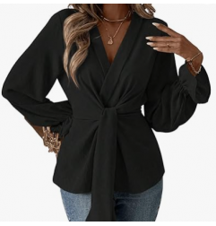NH V Neck Bell Sleeve Blouses Top Knot Front Blouses - Black Night