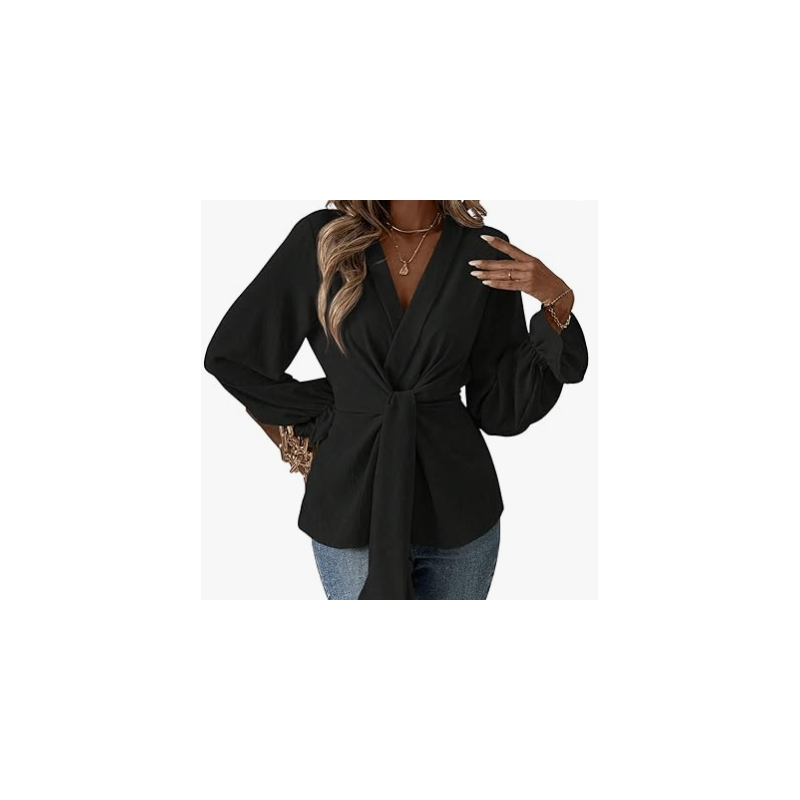 NH V Neck Bell Sleeve Blouses Top Knot Front Blouses - Black Night NH V Neck Bell Sleeve Blouses Top Knot Front Blouses - Black Night