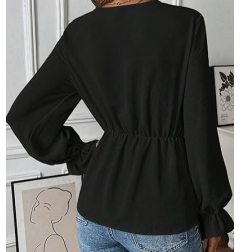 NH V Neck Bell Sleeve Blouses Top Knot Front Blouses - Black Night