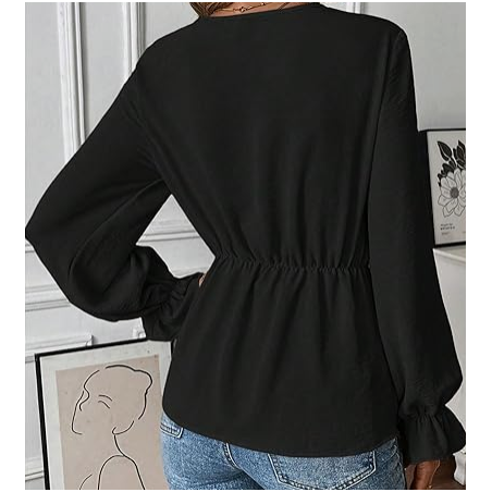 NH V Neck Bell Sleeve Blouses Top Knot Front Blouses - Black Night