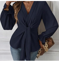 NH V Neck Bell Sleeve Blouses Top Knot Front Blouses - Navy Blue