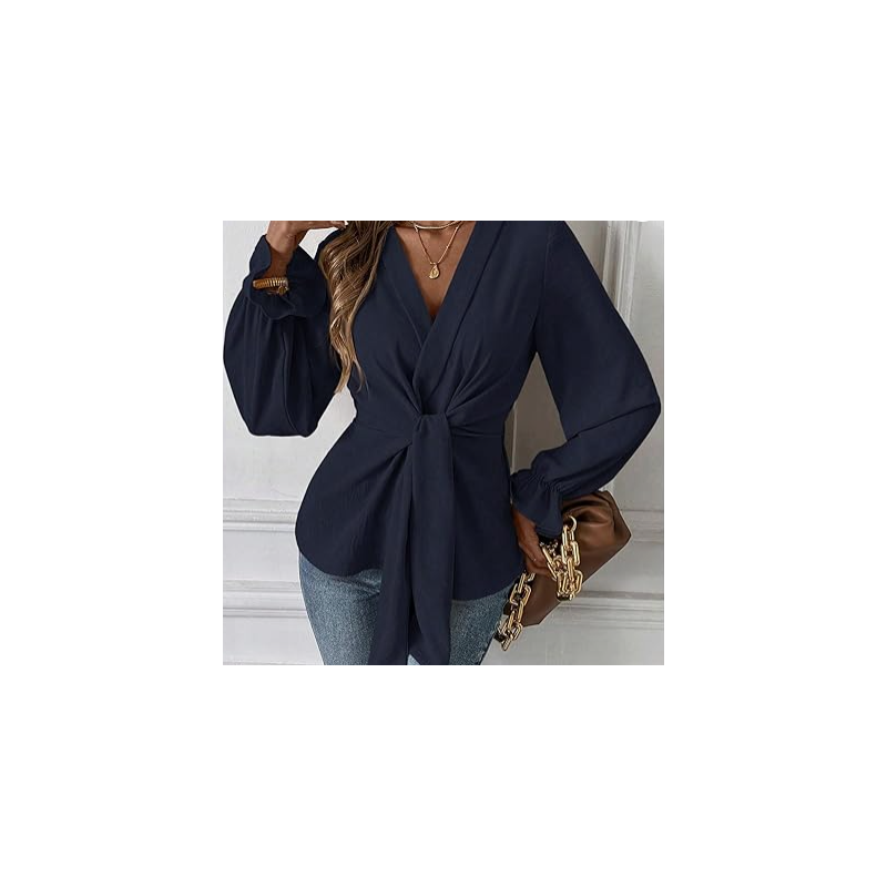 NH V Neck Bell Sleeve Blouses Top Knot Front Blouses - Navy Blue NH V Neck Bell Sleeve Blouses Top Knot Front Blouses - Navy Blue