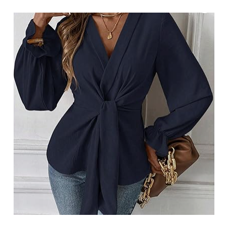 NH V Neck Bell Sleeve Blouses Top Knot Front Blouses - Navy Blue