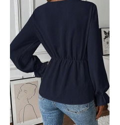 NH V Neck Bell Sleeve Blouses Top Knot Front Blouses - Navy Blue