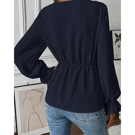 NH V Neck Bell Sleeve Blouses Top Knot Front Blouses - Navy Blue
