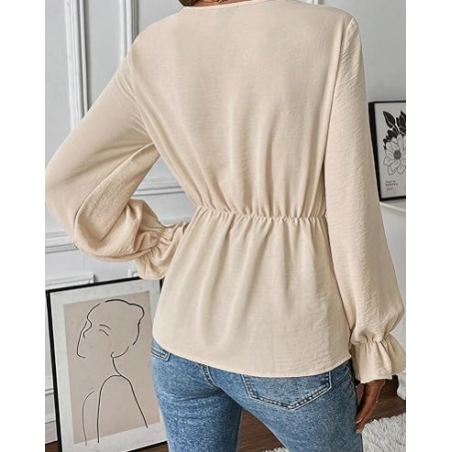 NH V Neck Bell Sleeve Blouses Top Knot Front Blouses - Apricot White