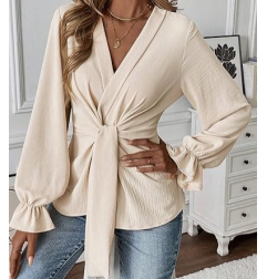 NH V Neck Bell Sleeve Blouses Top Knot Front Blouses - Apricot White