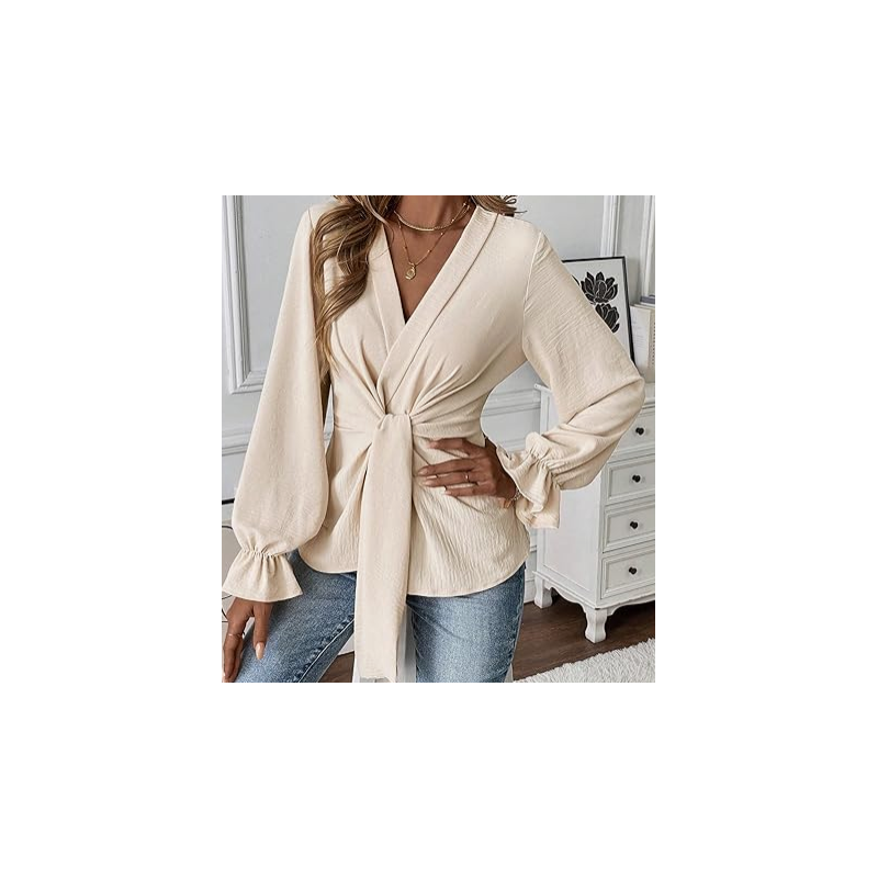 NH V Neck Bell Sleeve Blouses Top Knot Front Blouses - Apricot White NH V Neck Bell Sleeve Blouses Top Knot Front Blouses - Apricot White