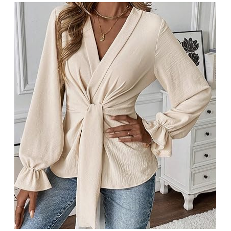 NH V Neck Bell Sleeve Blouses Top Knot Front Blouses - Apricot White