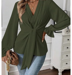 NH V Neck Bell Sleeve Blouses Top Knot Front Blouses - Dark Green