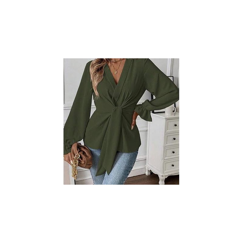 NH V Neck Bell Sleeve Blouses Top Knot Front Blouses - Dark Green NH V Neck Bell Sleeve Blouses Top Knot Front Blouses - Dark Green