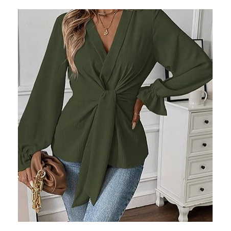NH V Neck Bell Sleeve Blouses Top Knot Front Blouses - Dark Green