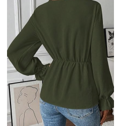 NH V Neck Bell Sleeve Blouses Top Knot Front Blouses - Dark Green