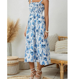 NH Summer Floral Dresses 2025 Beach Vacation Casual Long Maxi Sundresses - Blue Foam Dream