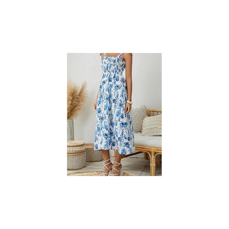 NH Summer Floral Dresses 2025 Beach Vacation Casual Long Maxi Sundresses - Blue Foam Dream