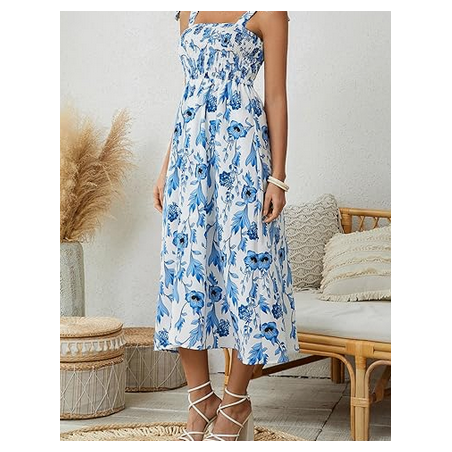 NH Summer Floral Dresses 2025 Beach Vacation Casual Long Maxi Sundresses - Blue Foam Dream