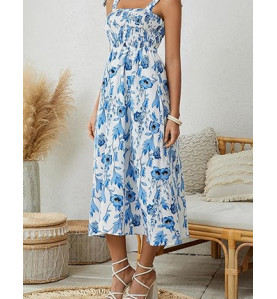 NH Summer Floral Dresses 2025 Beach Vacation Casual Long Maxi Sundresses - Blue Foam Dream