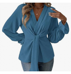 NH V Neck Bell Sleeve Blouses Top Knot Front Blouses - Sky Blue