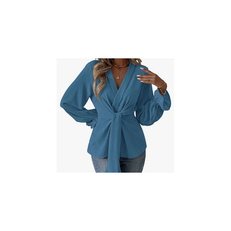 NH V Neck Bell Sleeve Blouses Top Knot Front Blouses - Sky Blue NH V Neck Bell Sleeve Blouses Top Knot Front Blouses - Sky Blue