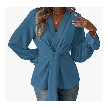 NH V Neck Bell Sleeve Blouses Top Knot Front Blouses - Sky Blue