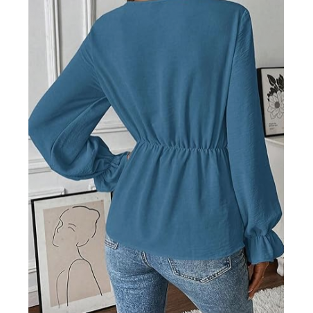 NH V Neck Bell Sleeve Blouses Top Knot Front Blouses - Sky Blue