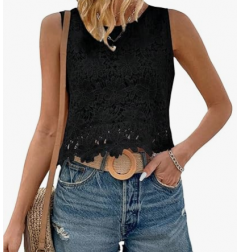 NH Women's Floral Lace Blouse Crew Neck Tank Tops - Black