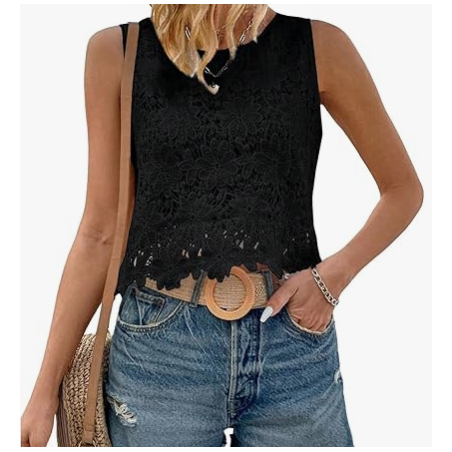 NH Women's Floral Lace Blouse Crew Neck Tank Tops - Black