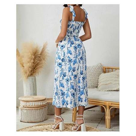 NH Summer Floral Dresses 2025 Beach Vacation Casual Long Maxi Sundresses - Blue Foam Dream