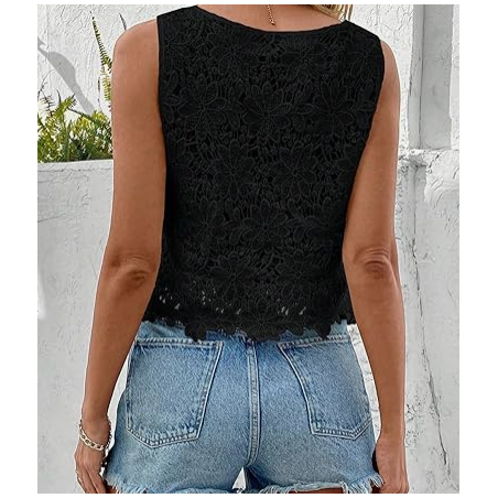NH Women's Floral Lace Blouse Crew Neck Tank Tops - Black