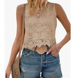 NH Women's Floral Lace Blouse Crew Neck Tank Tops - Khaki