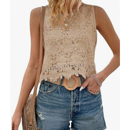 NH Women's Floral Lace Blouse Crew Neck Tank Tops - Khaki