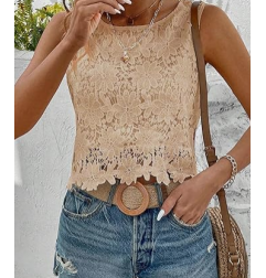 NH Women's Floral Lace Blouse Crew Neck Tank Tops - Khaki