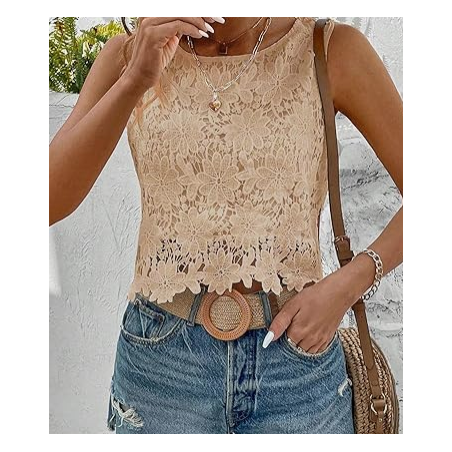NH Women's Floral Lace Blouse Crew Neck Tank Tops - Khaki