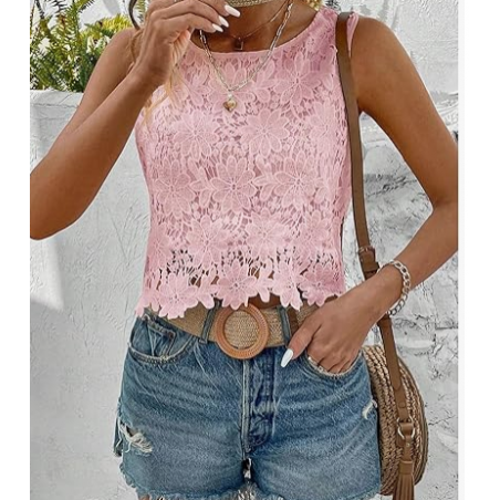 NH Women's Floral Lace Blouse Crew Neck Tank Tops - Pink