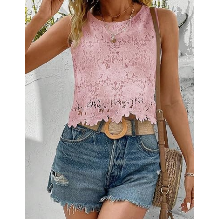NH Women's Floral Lace Blouse Crew Neck Tank Tops - Pink
