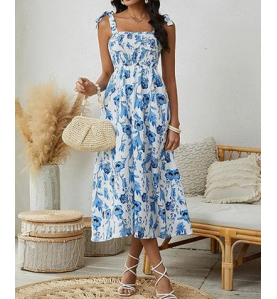 NH Summer Floral Dresses 2025 Beach Vacation Casual Long Maxi Sundresses - Blue Foam Dream
