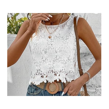 NH Women's Floral Lace Blouse Crew Neck Tank Tops - White