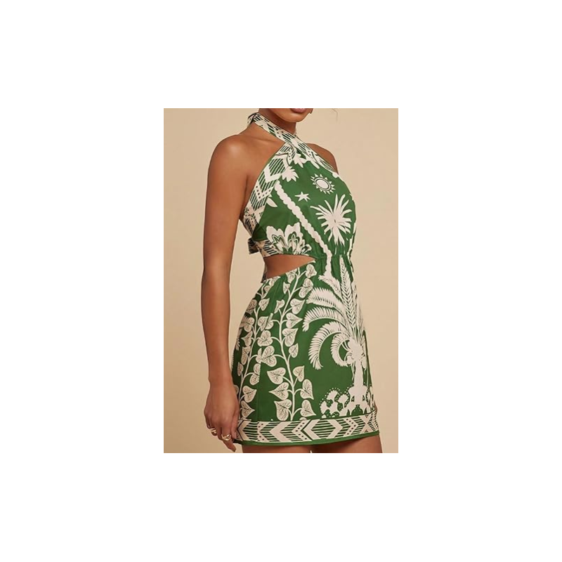 NH Chiffon Dress Tie Backless Criss Cross Mini Dresses - Green Jungle NH Chiffon Dress Tie Backless Criss Cross Mini Dresses - Green Jungle
