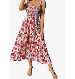 NH Summer Floral Dresses 2025 Beach Vacation Casual Long Maxi Sundresses - Fire Blossom