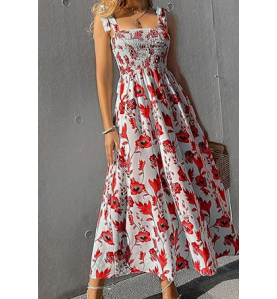NH Summer Floral Dresses 2025 Beach Vacation Casual Long Maxi Sundresses - Fire Blossom