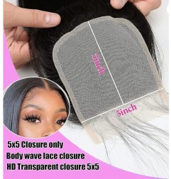HD Body Wave Closure 5x5 Transparent Lace Frontal Closure 12A Virgin Remy Human Hair