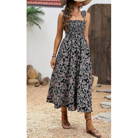NH Summer Floral Dresses 2025 Beach Vacation Casual Long Maxi Sundresses - Dark Mist