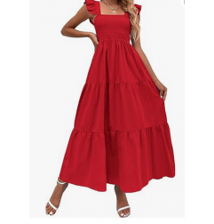 NH Summer Floral Dresses 2025 Beach Vacation Casual Long Maxi Sundresses - Pure Red